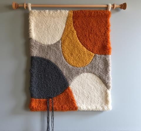 추상적인 패턴이 들어간 벽걸이 직물 작품.