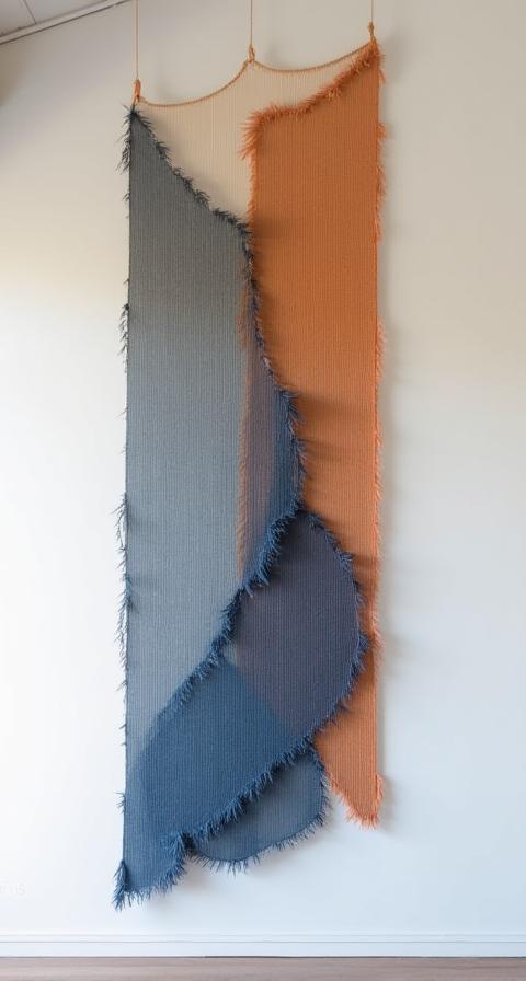 현대적인 공간에 설치된 대형 염색 한지 텍스타일 아트 작품.